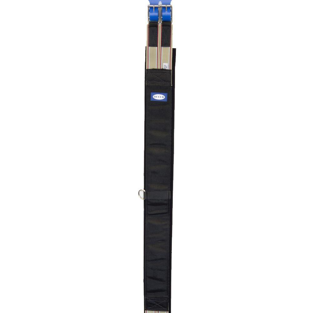 Dever Competition Girth: black synthetic with elastic ends, blue buckle, striped detail.