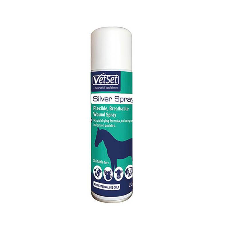 VetSet Silver Spray 250ml for wound care, with aluminium film and animal silhouettes on label.
