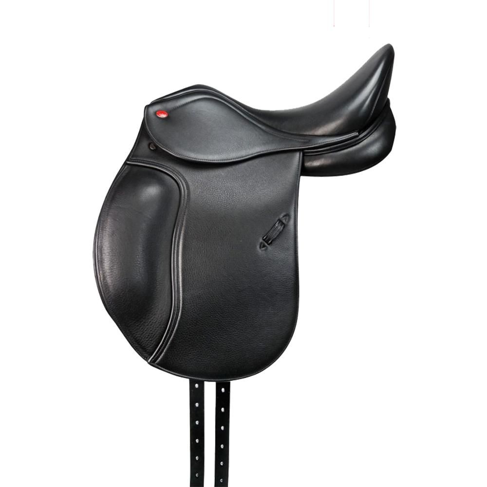 John Whitaker Harrogate Dressage Saddle in black leather with stitching, on white background.