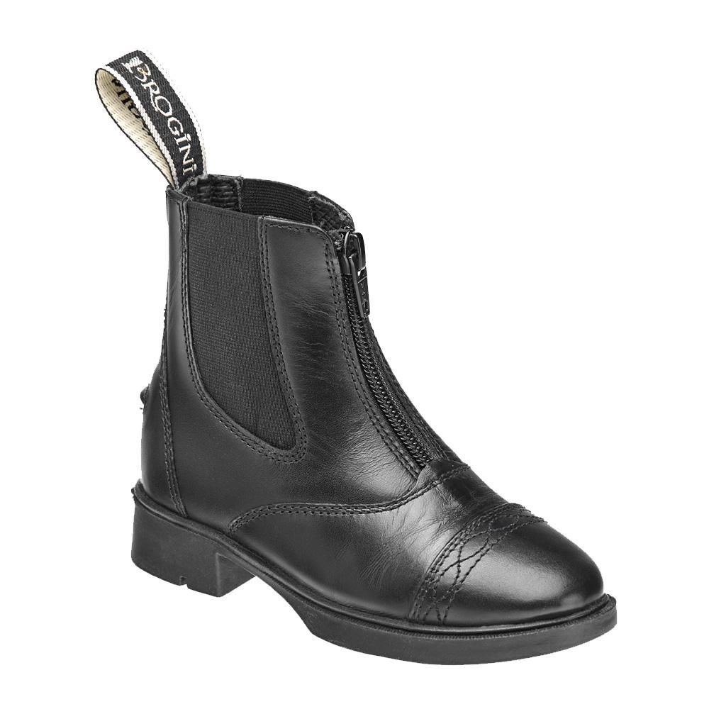 Brogini Junior Jodhpur Boots: black synthetic leather with front zip and pull tab.