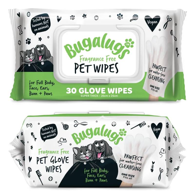 Bugalugs Fragrance Free Glove Pet Wipes for Full Body, Bum & Paws 30 Glove Wipes