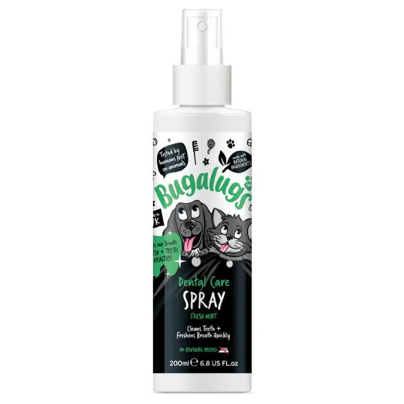 White bottle of Bugalugs Dental Care Spray for Dogs &amp; Cats 200ml by Bugalugs.