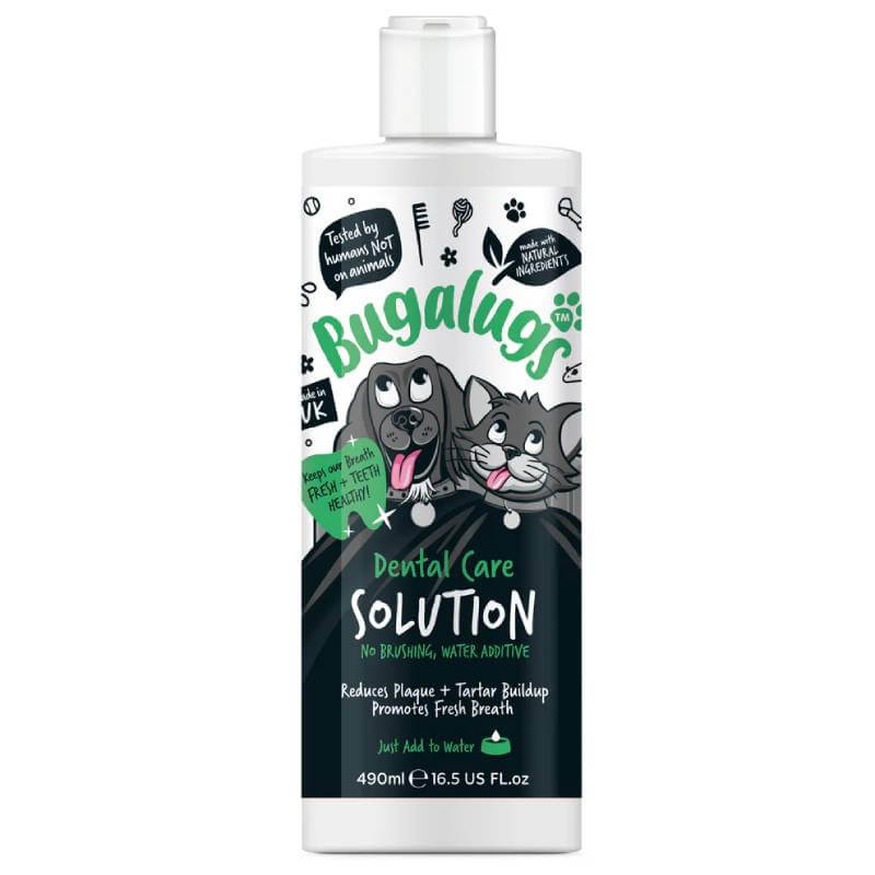Bugalugs Dental Care Water Solution Additive for Dogs &amp; Cats 490ml, white bottle with cartoon pets.