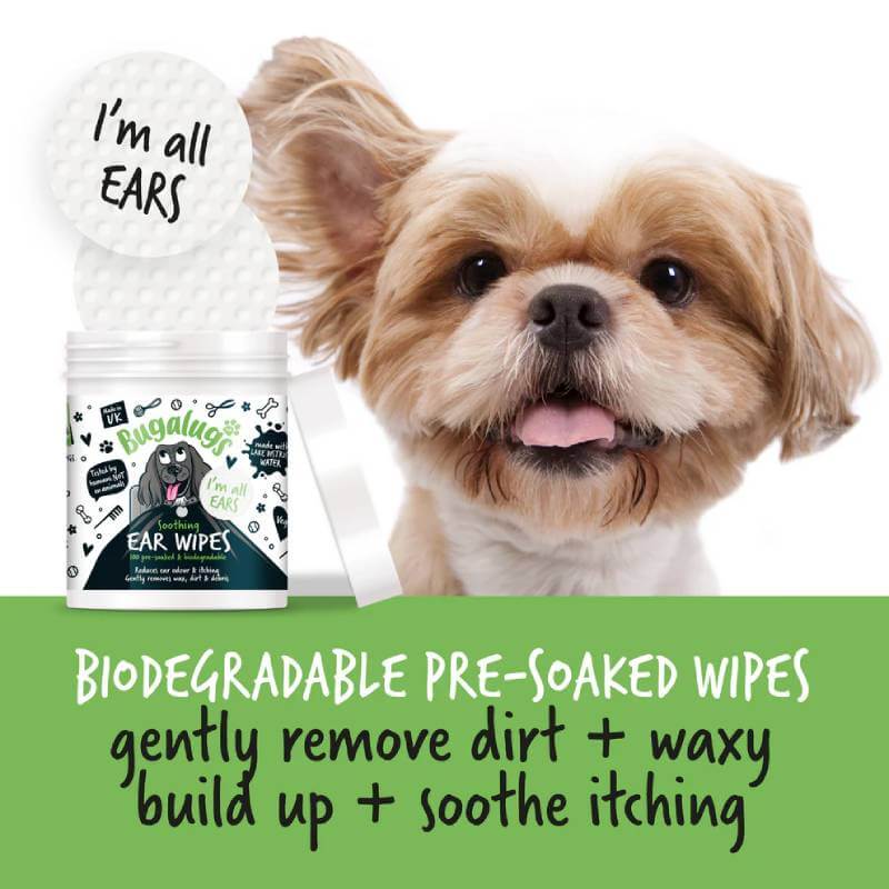 Bugalugs Soothing Ear Wipes for Dogs & Cats 100pk – cleans & soothes with biodegradable wipes.