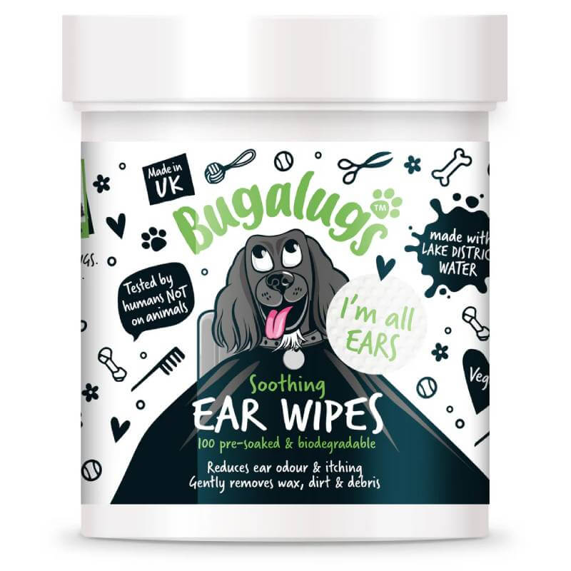 Bugalugs Soothing Ear Wipes for Dogs & Cats 100pk, biodegradable wipes in branded container.