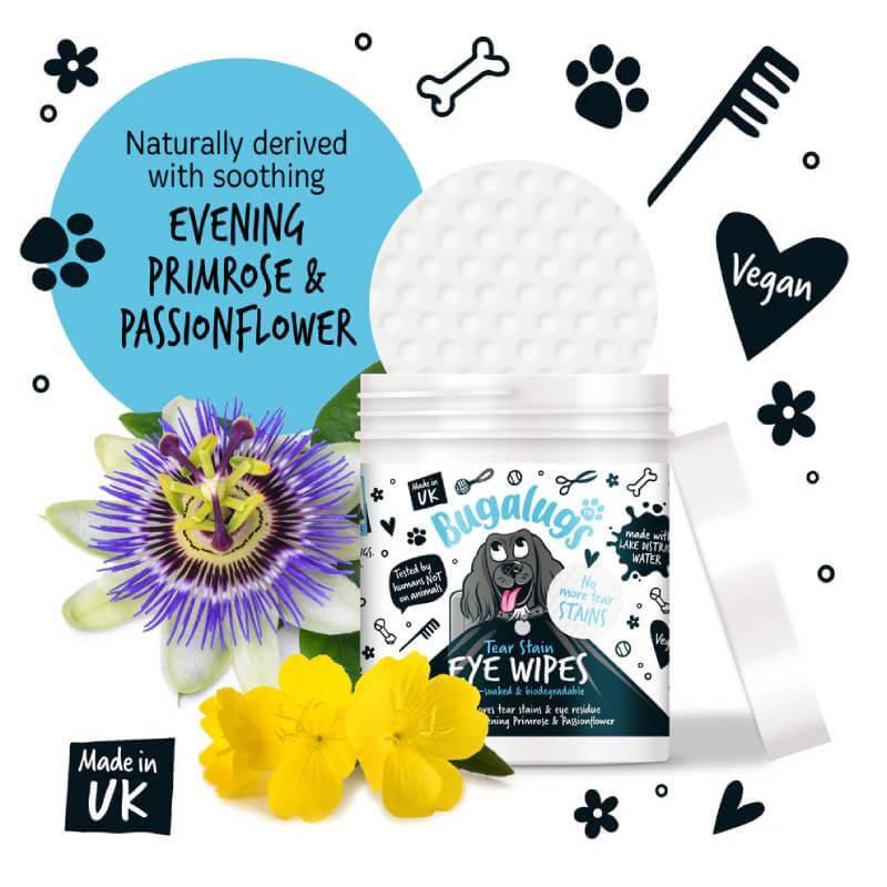 Bugalugs Tear Stain Eye Wipes for Dogs & Cats 100pk, vegan and UK-made.