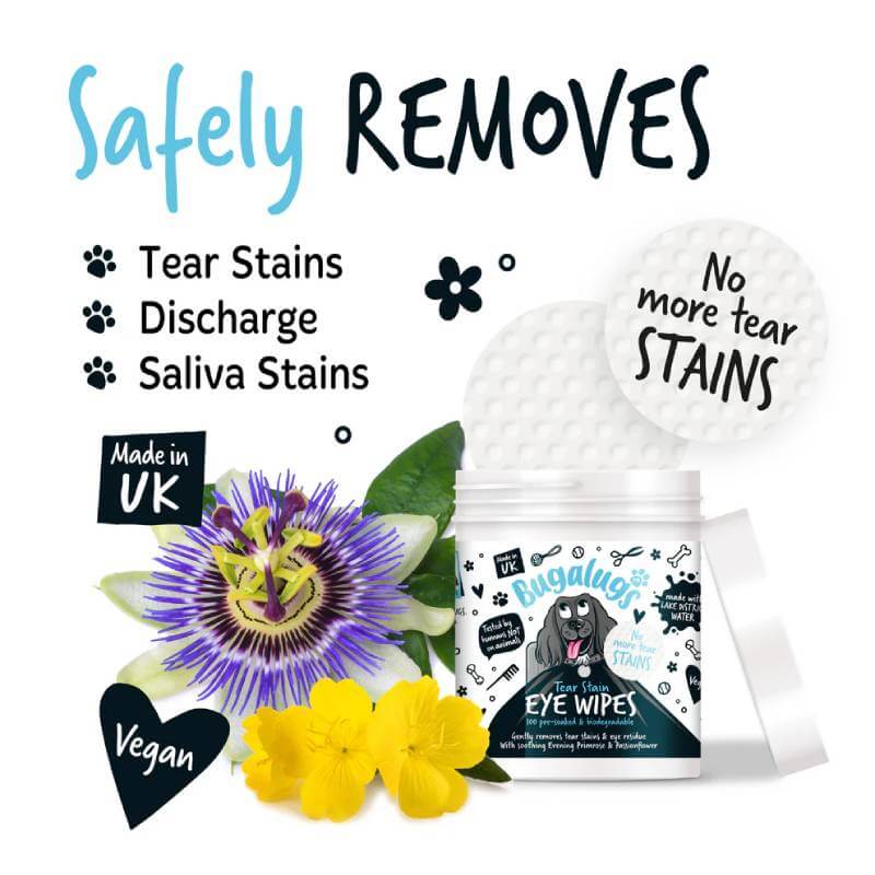 Bugalugs Tear Stain Eye Wipes for Dogs & Cats, 100pk, biodegradable, vegan, UK made.