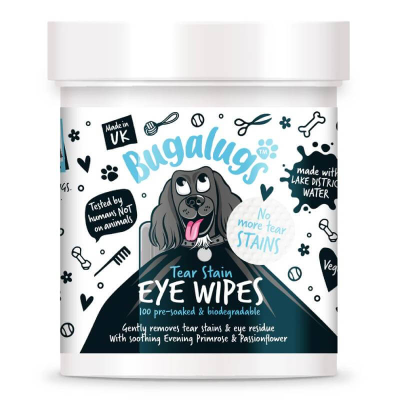 Bugalugs Tear Stain Eye Wipes for Dogs &amp; Cats 100pk with illustrated dog and product details.