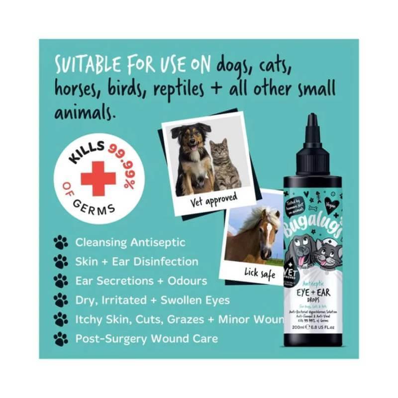 Bugalugs Antiseptic Eye & Ear Drops for pets, kills 99.99% germs, vet approved, 200ml.