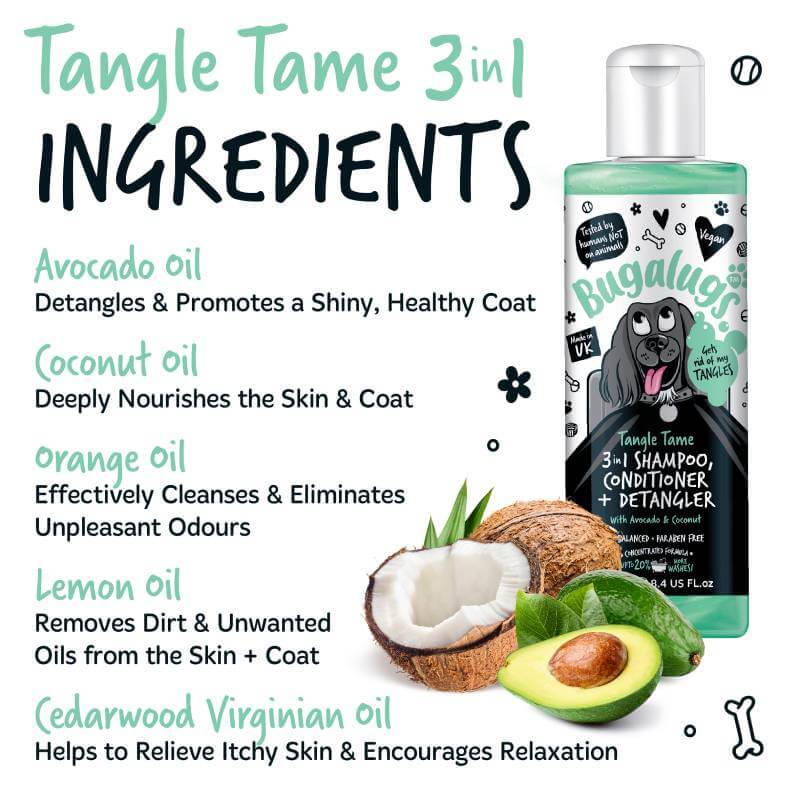 Bugalugs 3in1 Avocado &amp; Coconut Tangle Tame Dog Shampoo &amp; Conditioner 250ml
