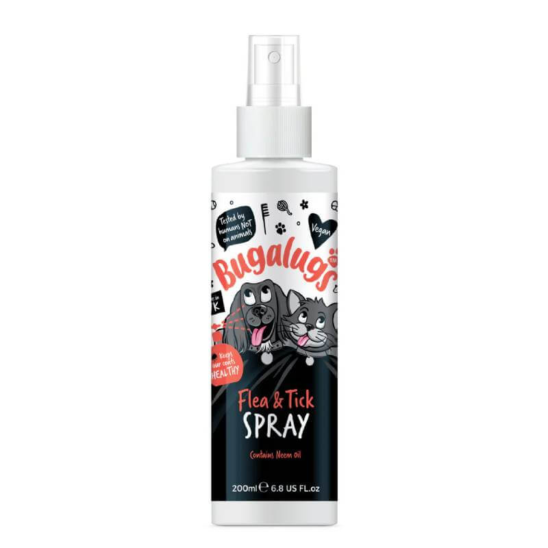 Bugalugs Flea & Tick Spray for Dogs & Cats 200ml with cartoon pets on label for pest control.