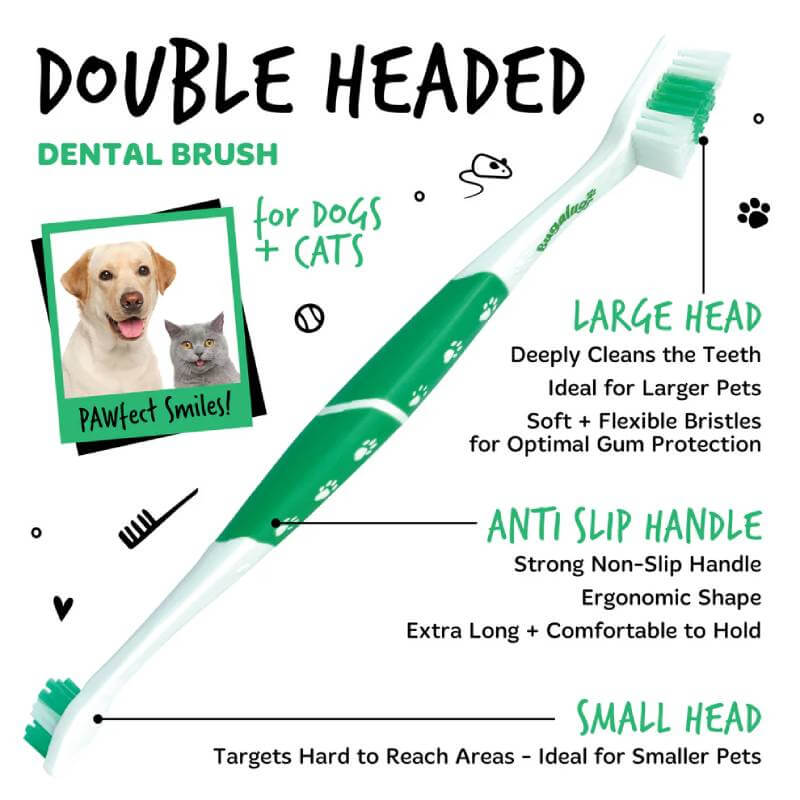 Bugalugs Double Ended Toothbrush for pet dental care, labeled for both dogs and cats.