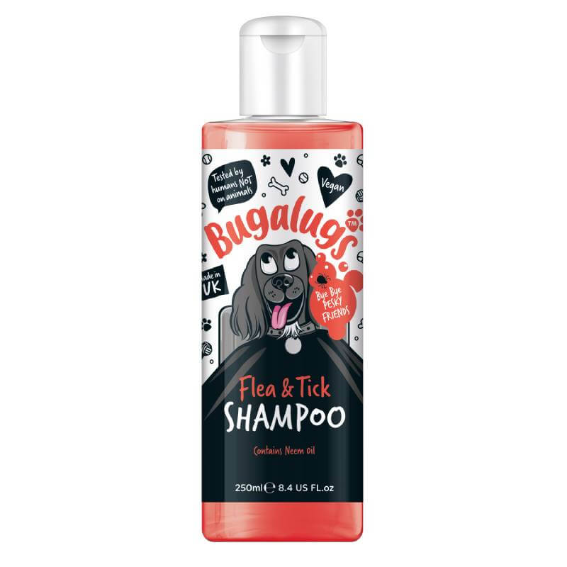 Bugalugs Flea & Tick Dog Shampoo 250ml with cartoon dog and red, black, white label.