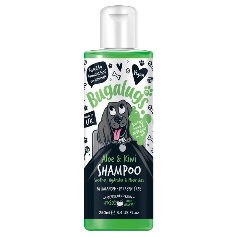 Bugalugs Aloe &amp; Kiwi Soothing Dog Shampoo 250ml for sensitive skin, with cute cartoon label.