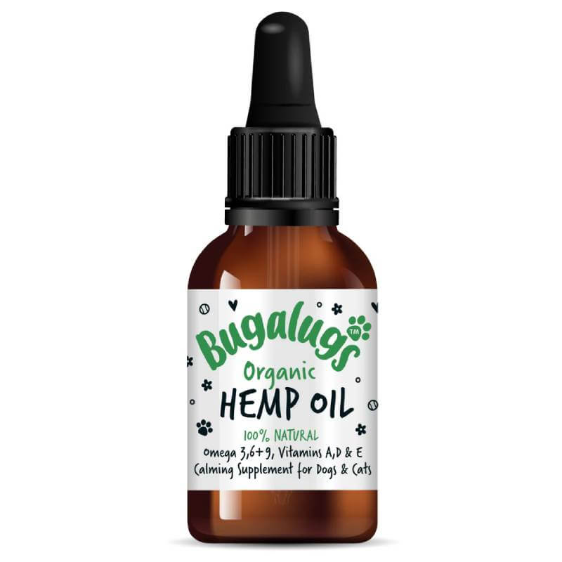Bugalugs Organic Hemp Oil for Dogs &amp; Cats 50ml—a natural pet supplement with dropper cap.