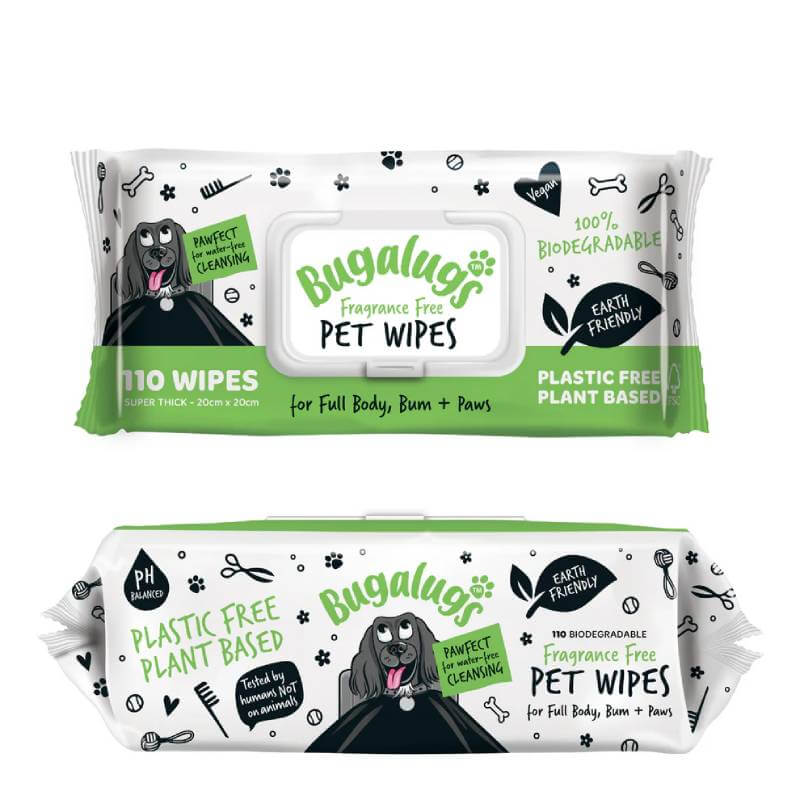 Two packs of Bugalugs Biodegradable Wipes 110pk, eco-friendly and fragrance-free.