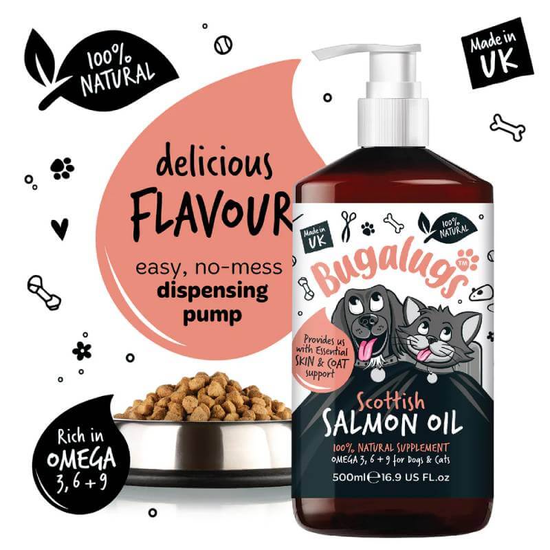 Bugalugs Scottish Salmon Oil for Dogs & Cats 500ml supports healthy skin and coat.