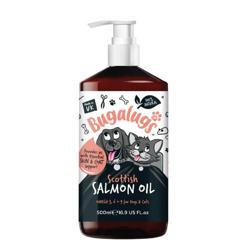 Bugalugs Scottish Salmon Oil for Dogs &amp; Cats 500ml pump supports healthy skin and coat.
