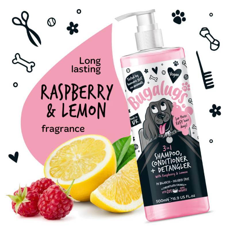 Bugalugs 3in1  Raspberry & Lemon Detangle Dog Shampoo & Conditioner 250ml