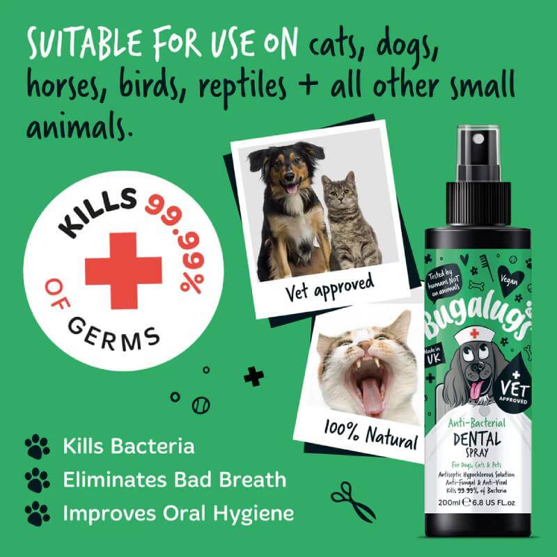 Bugalugs 200ml Dental Spray removes bad breath & boosts oral hygiene in dogs and cats.