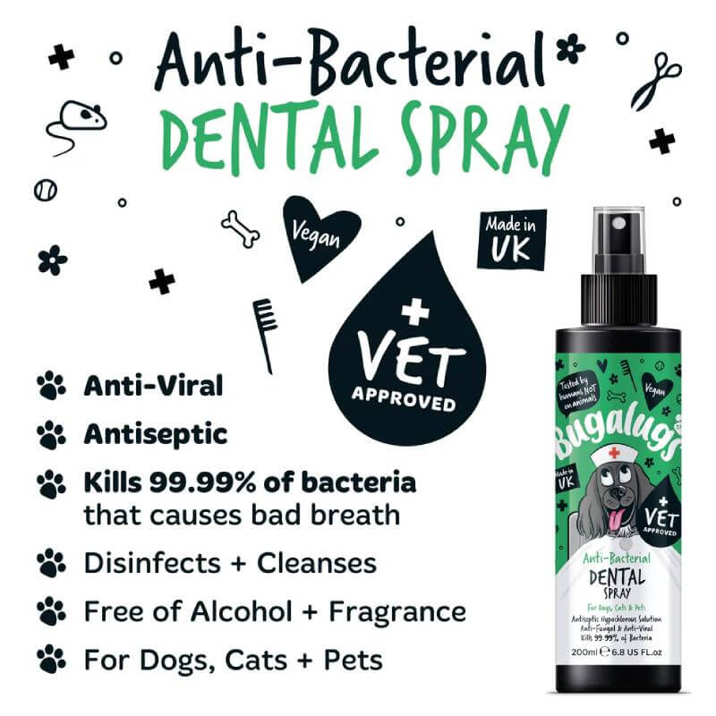 Bugalugs Anti-Bacterial Dental Spray 200ml: oral care and bad breath remover for dogs & cats.