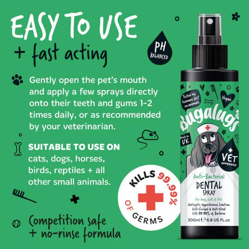 Bugalugs Anti-Bacterial Dental Spray for Dogs & Cats 200ml with pet illustrations and usage guide.
