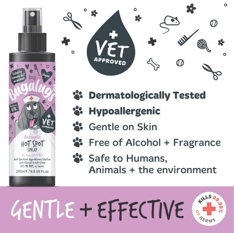 Bugalugs Antiseptic Hot Spot Spray 200ml for pet itch relief, black bottle with cartoon dog.