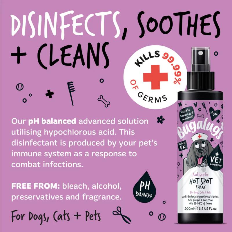 Bugalugs Antiseptic Hot Spot Spray 200ml soothes, disinfects & relieves pet itch with hypochlorous acid.