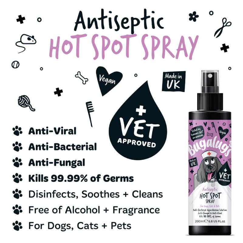 Bugalugs Antiseptic Hot Spot Spray 200ml for pet itch relief—features & benefits shown.