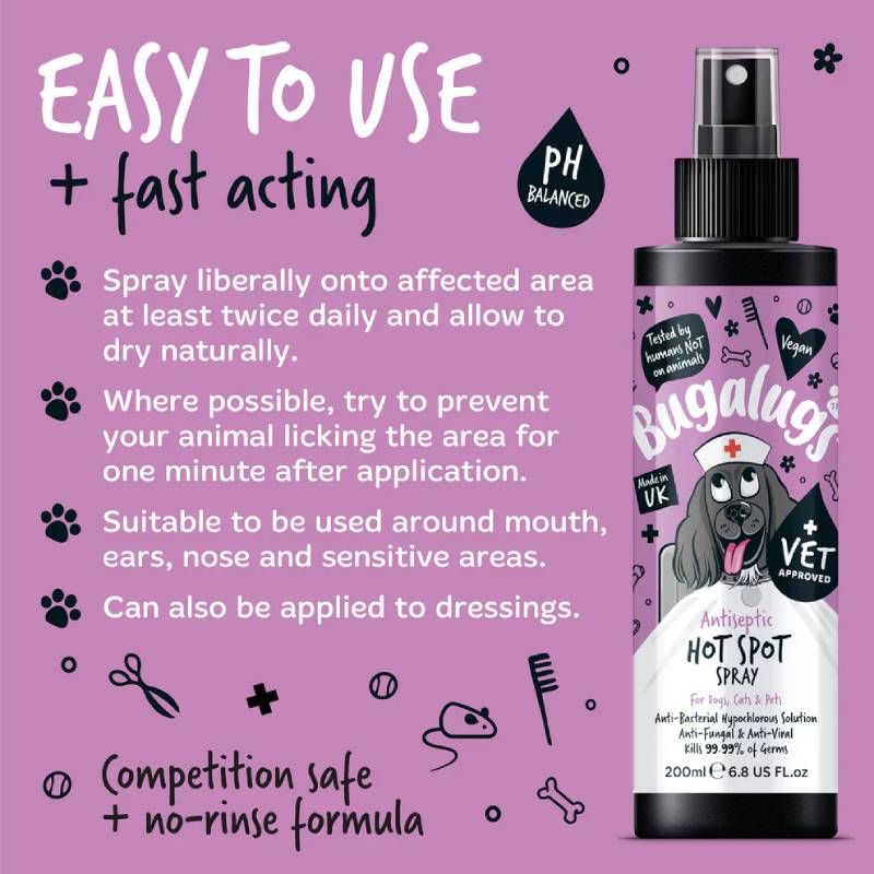 Purple ad: Bugalugs Antiseptic Hot Spot Spray 200ml for pet itch relief with instructions shown.