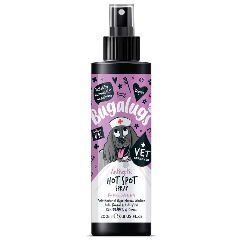 Bugalugs Antiseptic Hot Spot Spray 200ml for pet itch relief, black bottle with cartoon dog.