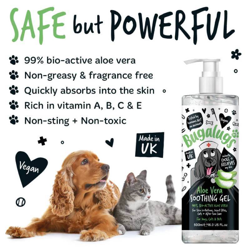 A dog and cat sit beside Bugalugs Aloe Vera Soothing Gel for Dogs & Cats 250ml.