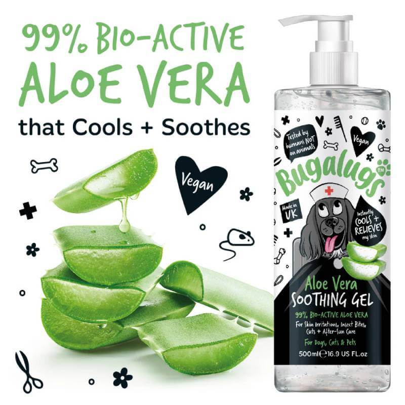 Bugalugs Aloe Vera Soothing Gel for Dogs & Cats 250ml in a clear bottle with green label.