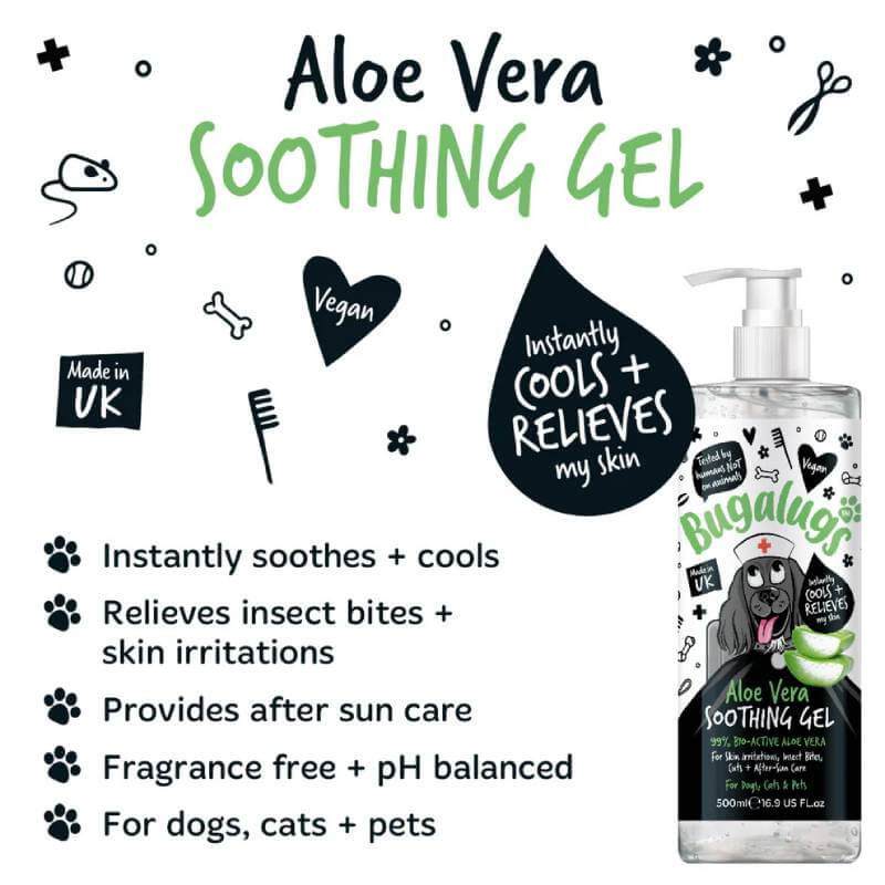 Bugalugs Aloe Vera Soothing Gel for Dogs & Cats 250ml soothes and cools irritated skin.