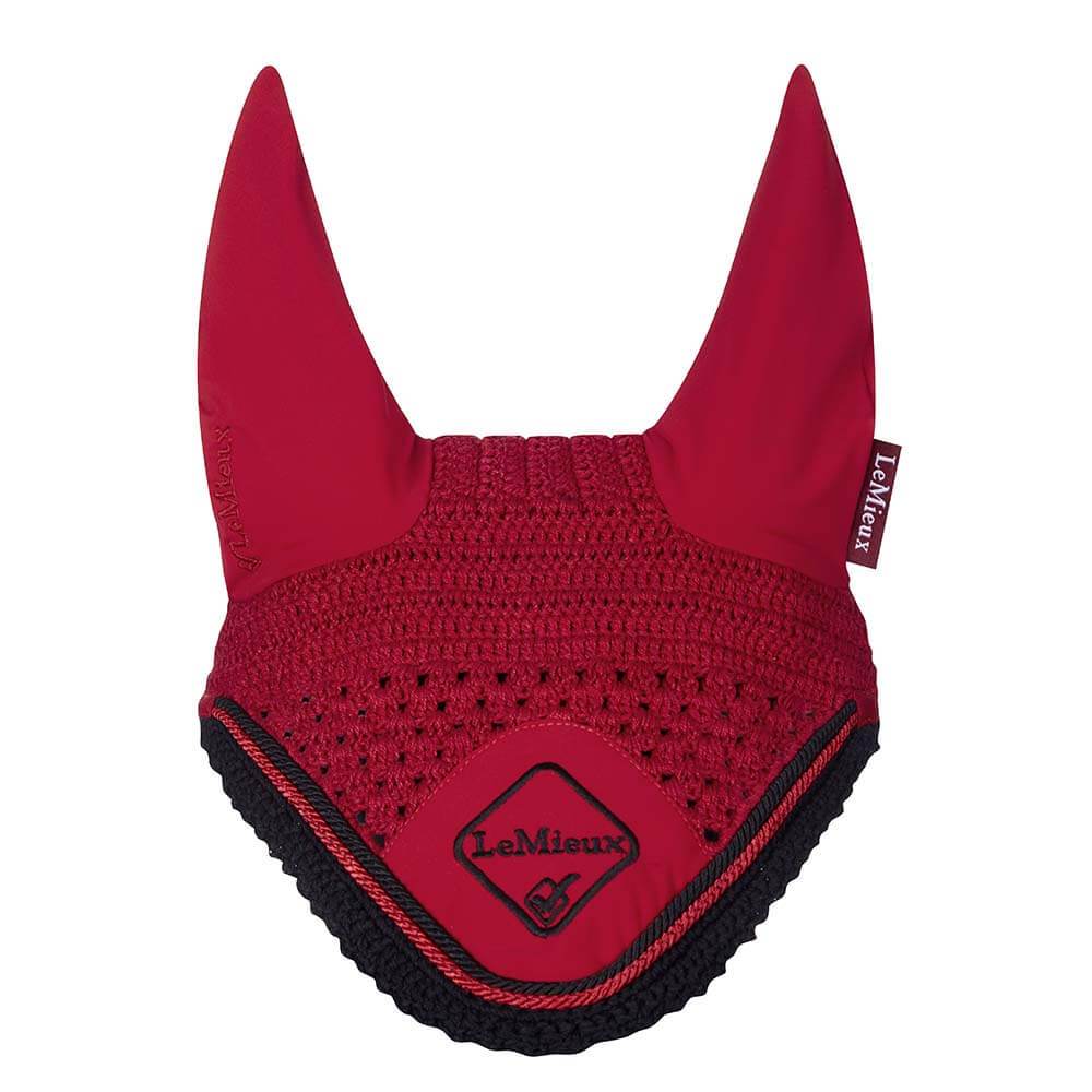 LeMieux Classic Fly Hood Chilli/Black Large with crochet and soft Lycra ears.