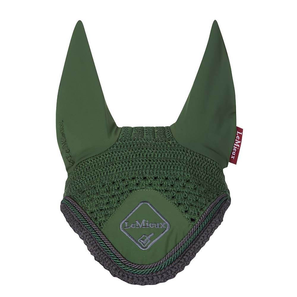 LeMieux Classic Fly Hood Hunter Green Large with crochet and lycra ears, logo on front.