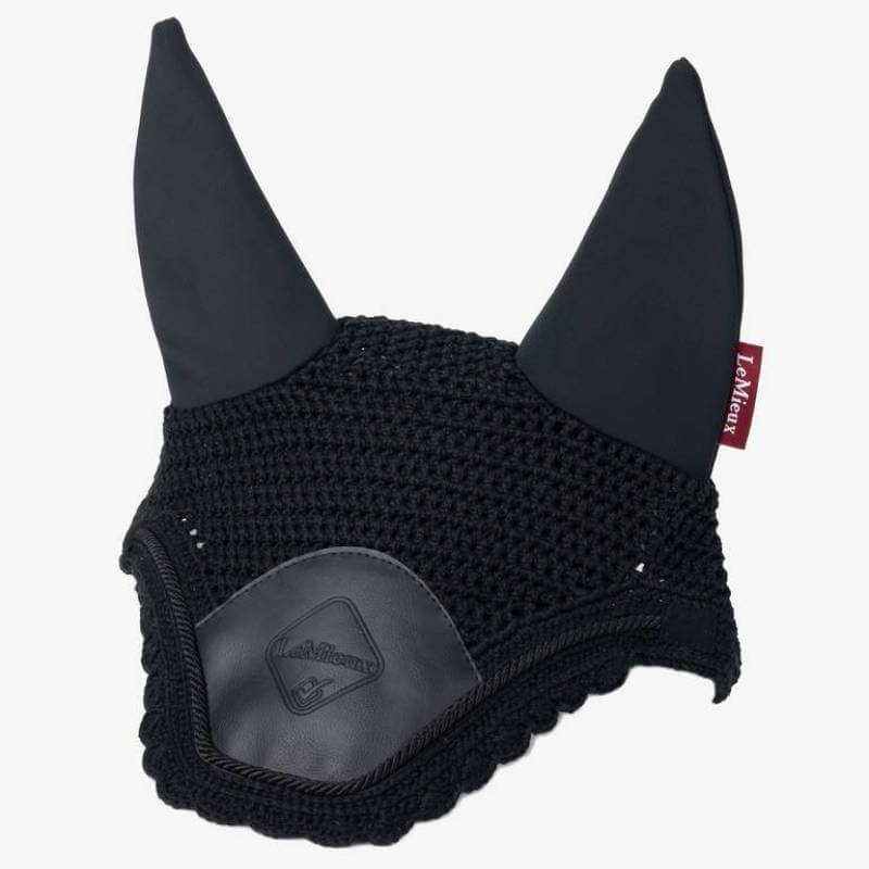 LeMieux Acoustic Pro Fly Hood in black with fabric ears and a small red side tag.