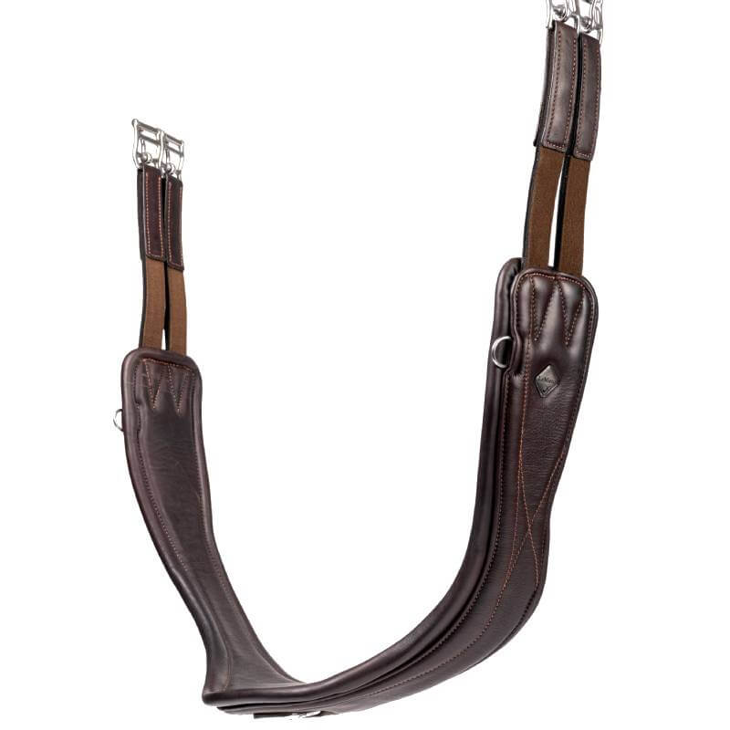 LeMieux Gel-Tek Anatomic Jumping Girth Brown with metal buckles and stitched detailing.