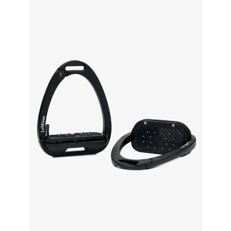 Two LeMieux Vector Balance Stirrups in black, one upright and one flat, with ergonomic footplates.
