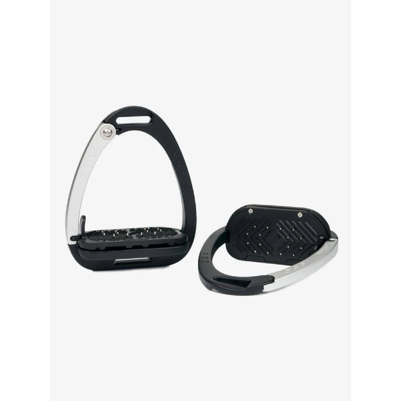 A pair of LeMieux Vector Balance Stirrups in Black/Aluminium, one upright, one flat.