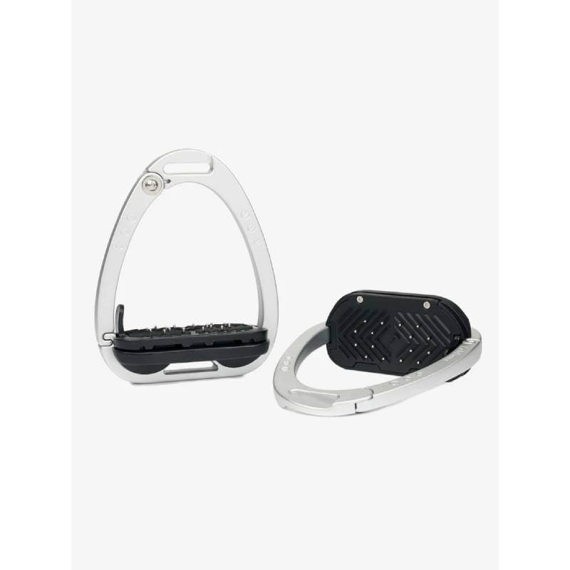 LeMieux Vector Balance Aluminium Stirrup, one upright &amp; one folded, on a white background.