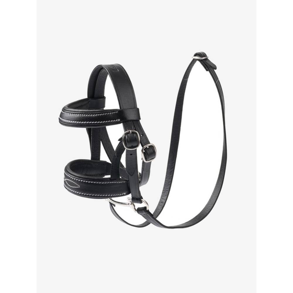 LeMieux Toy Pony Bridle Black with white stitching and adjustable buckles on a white background.