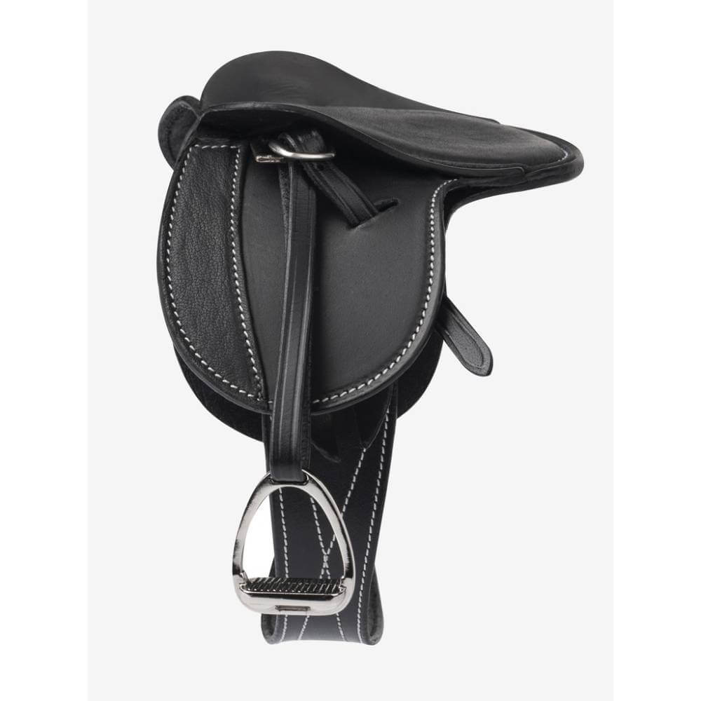 LeMieux Toy Pony Saddle Black: Mini black leather saddle with white stitching and a metal stirrup.