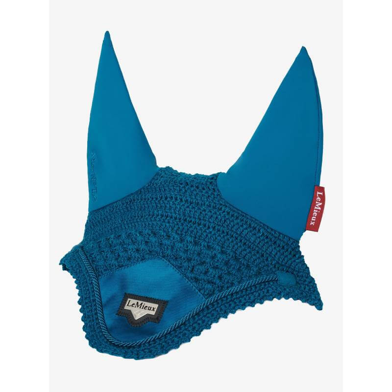 LeMieux Loire Fly Hood Marine in bright blue with a crocheted design and side label.