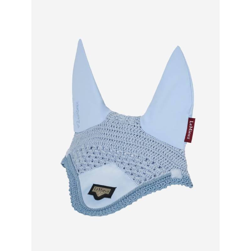 LeMieux Loire Fly Hood Mist in light blue with cloth ear covers and a small side tag.
