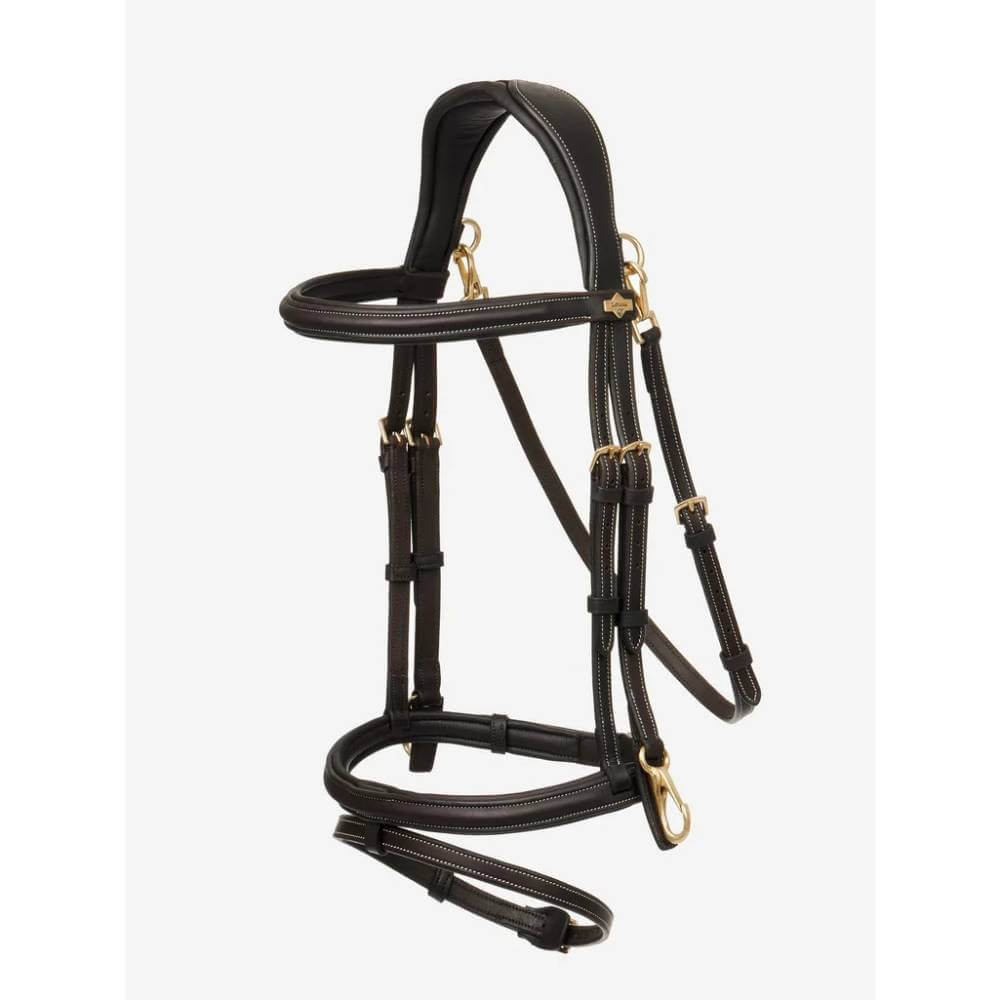 LeMieux Work Bridle Brown: brown leather, brass buckles, anatomic headpiece, white stitching.