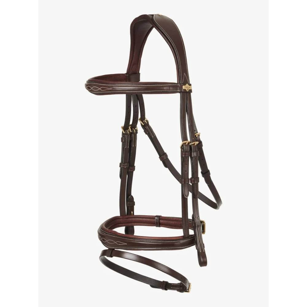LeMieux Competition Flash Bridle Havana with white stitching and brass hardware.