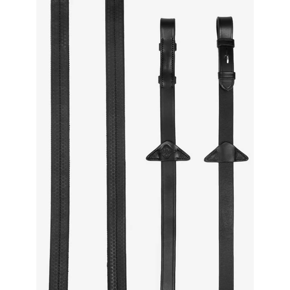 Close-up of four LeMieux Rubber Reins Black with textured and smooth anti-slip sections.
