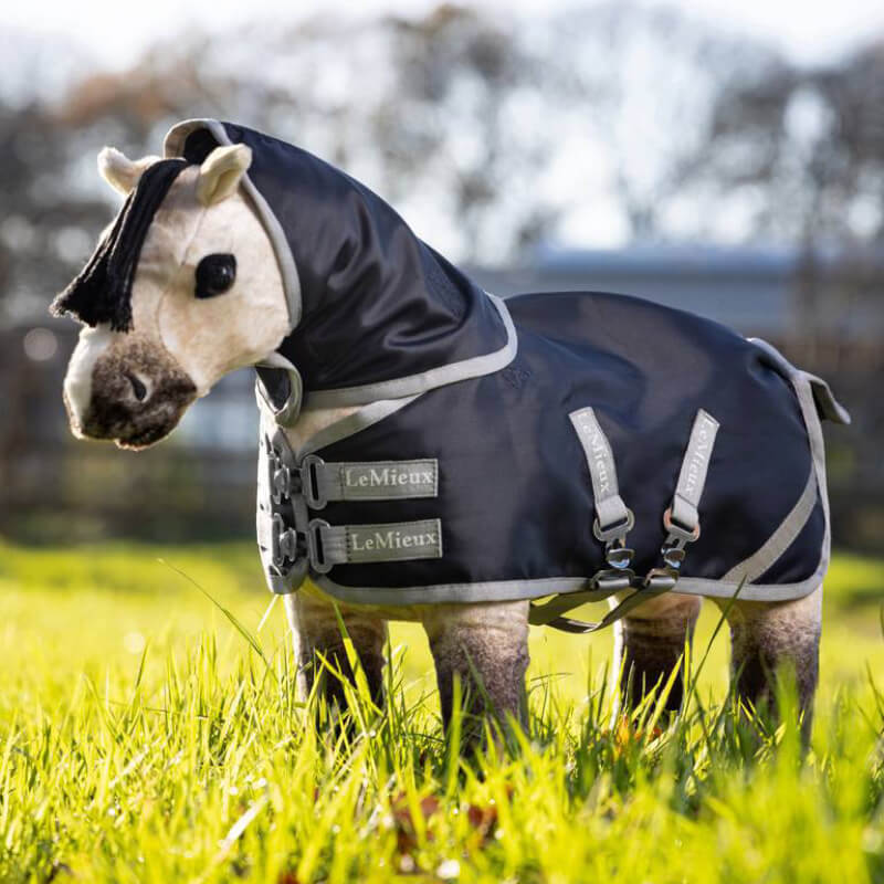 A LeMieux Toy Pony in a Storm-Tek Rug Navy stands on green grass.