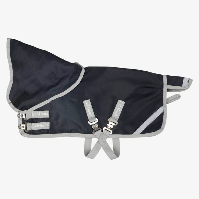 LeMieux Toy Pony Storm-Tek Rug Navy with buckles and straps, laid flat on white.